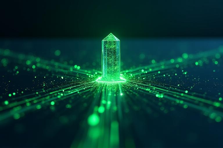 Conceptual visualization of high-accuracy data flow with emerald glow